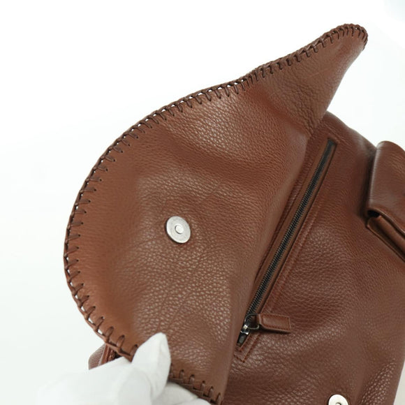 Christian Dior Gaucho Saddle Hand Bag Leather Brown Silver Auth BAZ225SAV