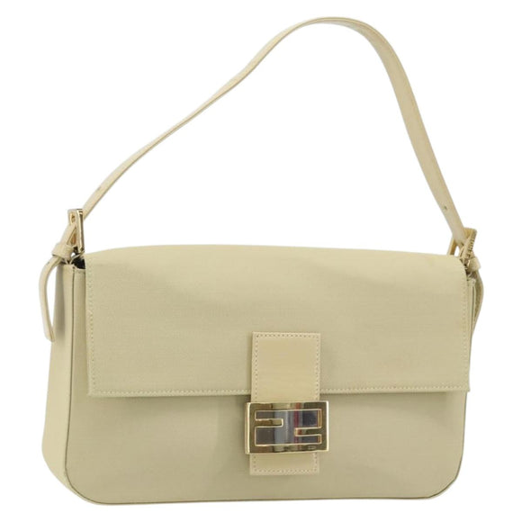 FENDI Mamma Baguette Shoulder Bag Canvas Beige Gold Auth BAZ238A