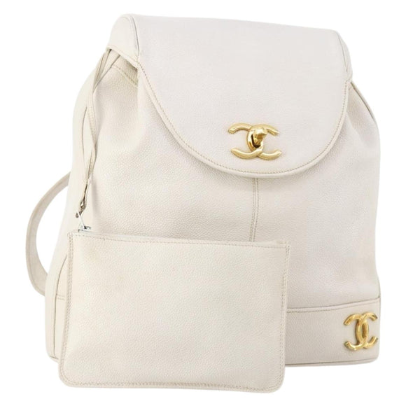 CHANEL Triple Coco Backpack Caviar Skin White Gold CC Auth BAZ250A
