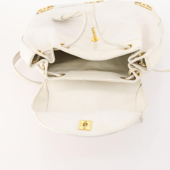 CHANEL Triple Coco Backpack Caviar Skin White Gold CC Auth BAZ250A