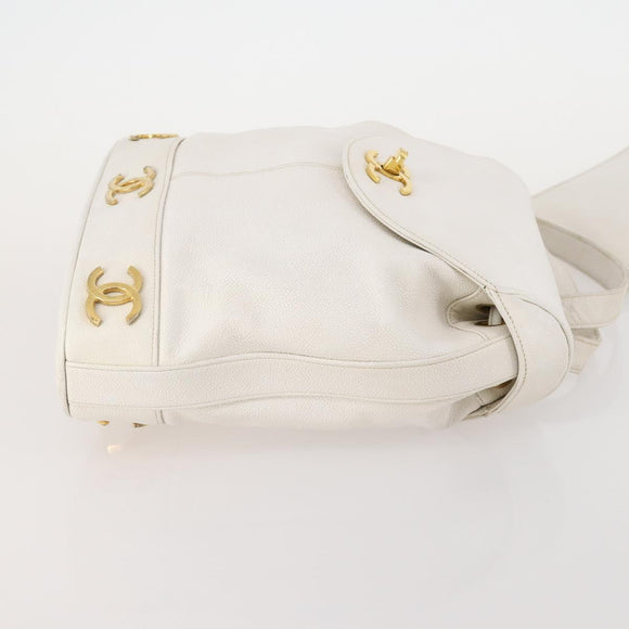 CHANEL Triple Coco Backpack Caviar Skin White Gold CC Auth BAZ250A