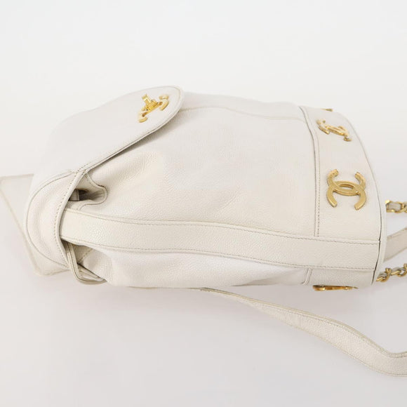 CHANEL Triple Coco Backpack Caviar Skin White Gold CC Auth BAZ250A