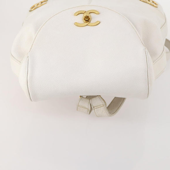CHANEL Triple Coco Backpack Caviar Skin White Gold CC Auth BAZ250A