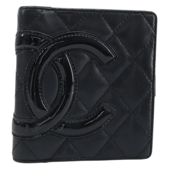 CHANEL Matelasse Cambon Line Bifold Wallet Leather Black Silver CC Auth BAZ259A