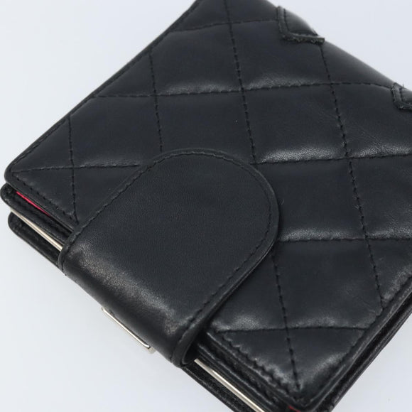 CHANEL Matelasse Cambon Line Bifold Wallet Leather Black Silver CC Auth BAZ259A