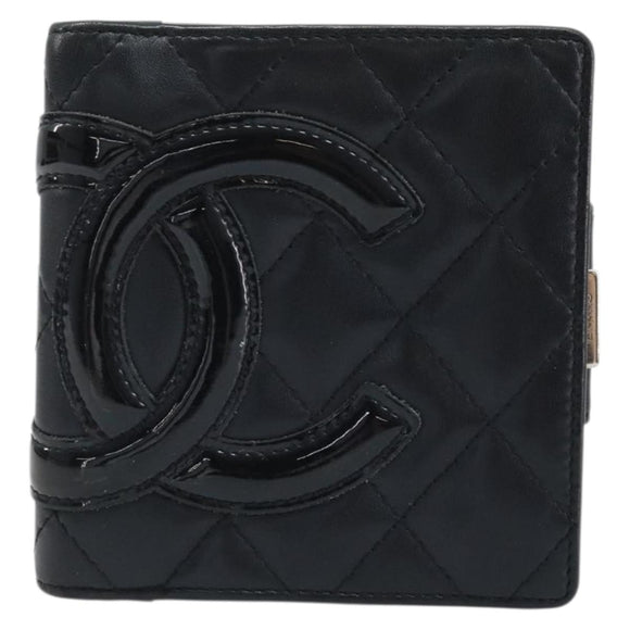 CHANEL Matelasse Cambon Line Bifold Wallet Leather Black Silver CC Auth BAZ259A