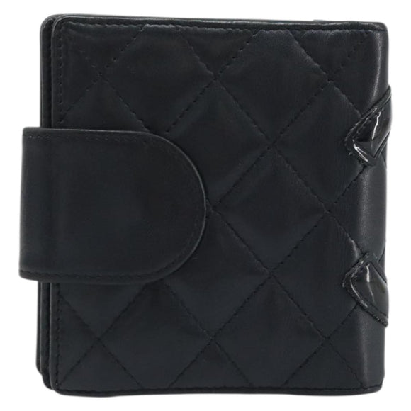 CHANEL Matelasse Cambon Line Bifold Wallet Leather Black Silver CC Auth BAZ259A