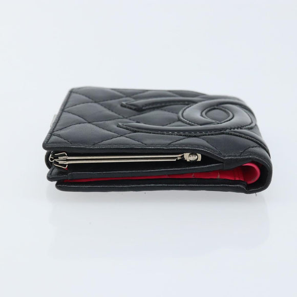 CHANEL Matelasse Cambon Line Bifold Wallet Leather Black Silver CC Auth BAZ259A