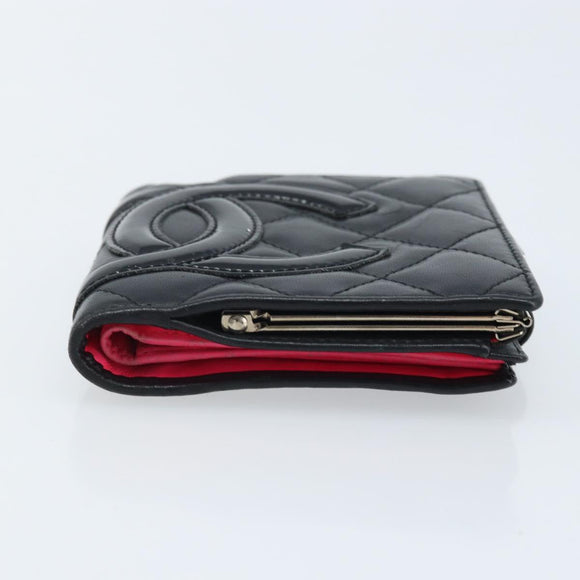 CHANEL Matelasse Cambon Line Bifold Wallet Leather Black Silver CC Auth BAZ259A