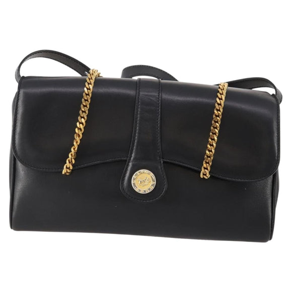 CELINE Chain Shoulder Bag Leather Black Gold Auth BAZ281