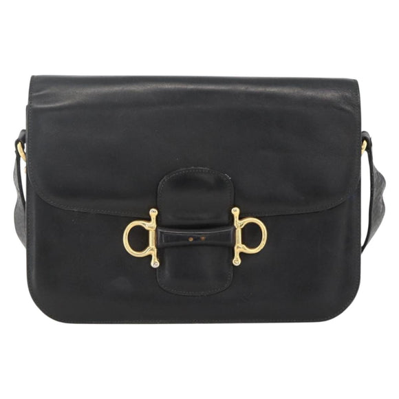 CELINE Shoulder Bag Leather Black Gold Auth BAZ288