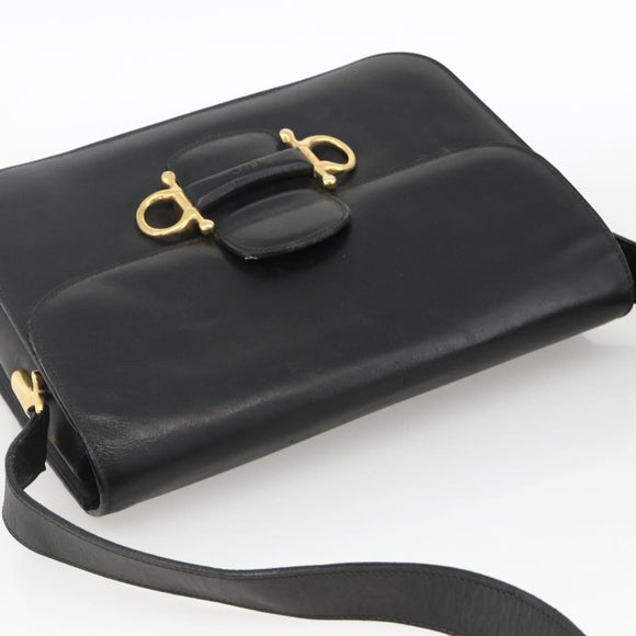 CELINE Shoulder Bag Leather Black Gold Auth BAZ288
