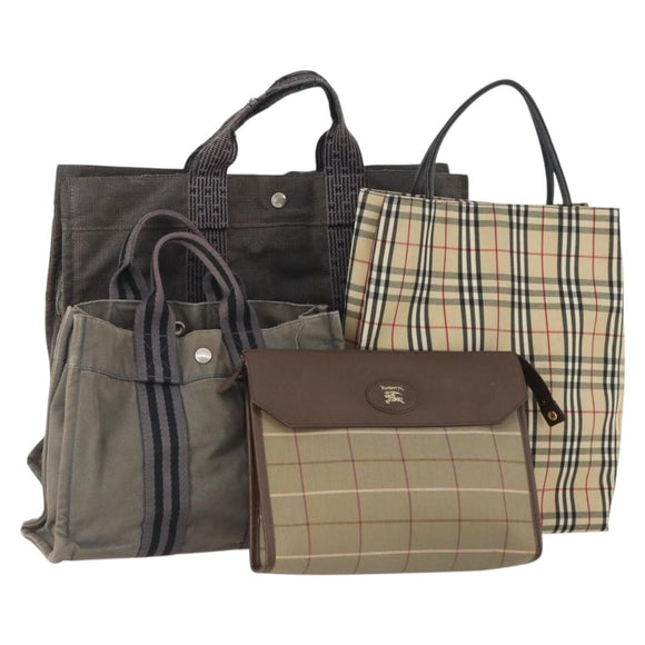 Burberrys Hermes Nova Check Hand Bag Canvas nylon 4 Set Beige Gray Auth BAZ311