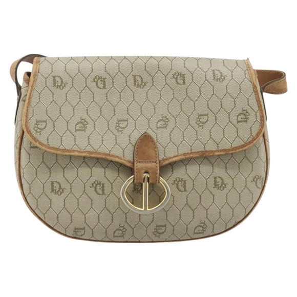 Christian Dior Honeycomb Canvas Shoulder Bag PVC Beige Gold Auth BAZ416