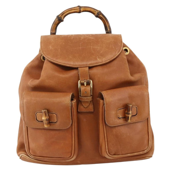 GUCCI Bamboo Backpack Leather Brown Gold 003.58.0016 Auth BAZ426