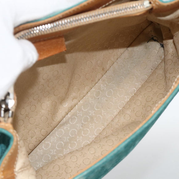 CELINE C Macadam Canvas Hand Bag Suede Turquoise Blue Silver Auth BAZ446