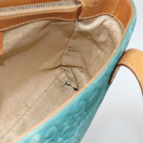 CELINE C Macadam Canvas Hand Bag Suede Turquoise Blue Silver Auth BAZ446