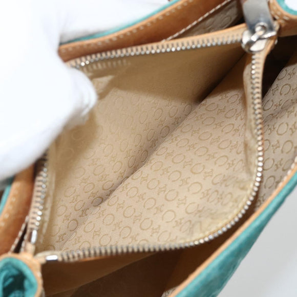 CELINE C Macadam Canvas Hand Bag Suede Turquoise Blue Silver Auth BAZ446