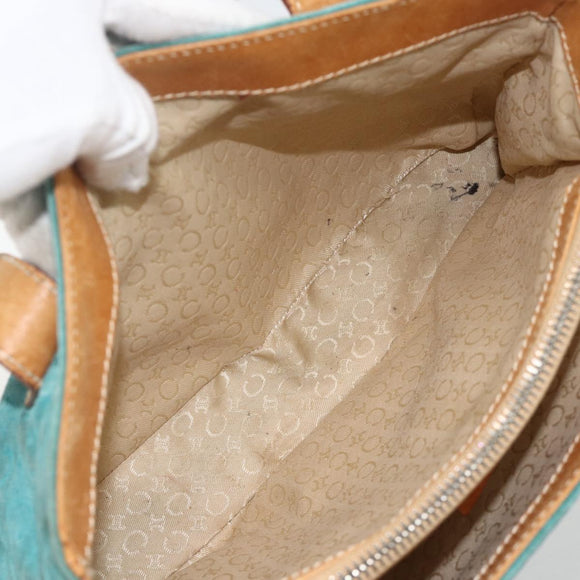 CELINE C Macadam Canvas Hand Bag Suede Turquoise Blue Silver Auth BAZ446