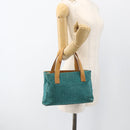 CELINE C Macadam Canvas Hand Bag Suede Turquoise Blue Silver Auth BAZ446-23
