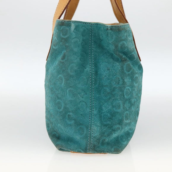 CELINE C Macadam Canvas Hand Bag Suede Turquoise Blue Silver Auth BAZ446