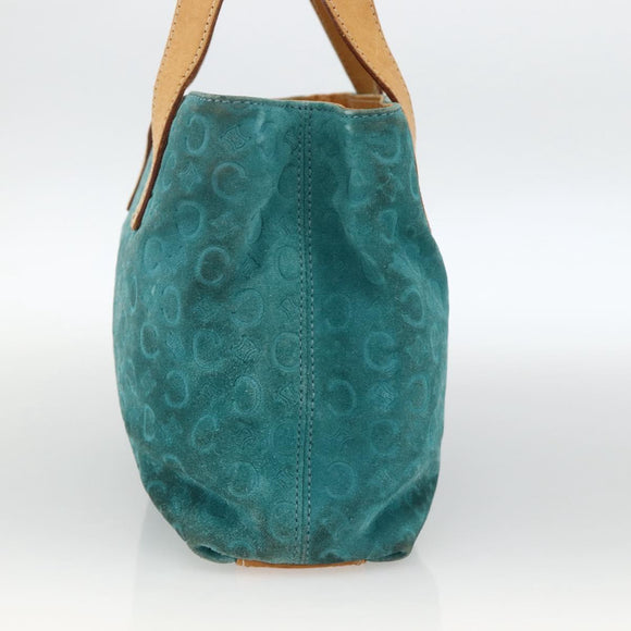 CELINE C Macadam Canvas Hand Bag Suede Turquoise Blue Silver Auth BAZ446