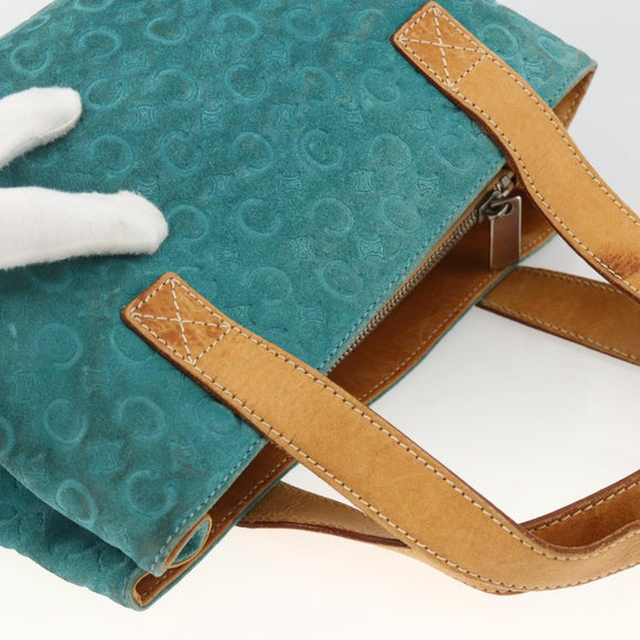 CELINE C Macadam Canvas Hand Bag Suede Turquoise Blue Silver Auth BAZ446