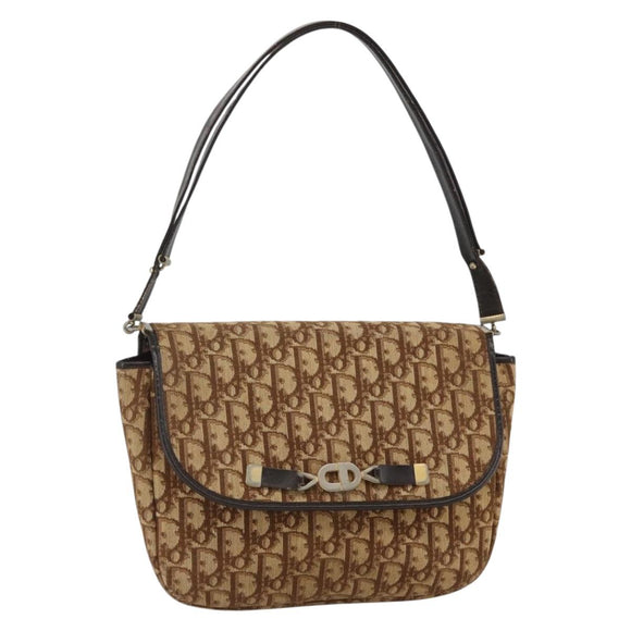 Christian Dior Trotter Canvas Shoulder Bag Beige Gold Auth BAZ447