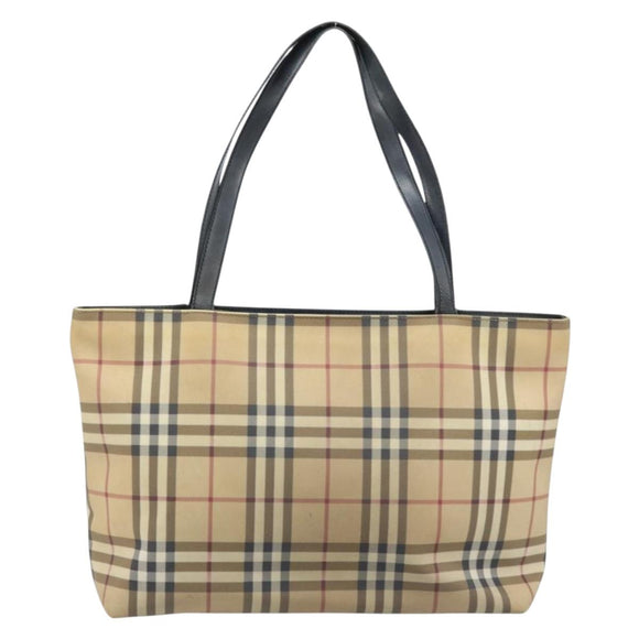 BURBERRY Nova Check Tote Bag PVC Leather Beige Silver Auth BAZ452