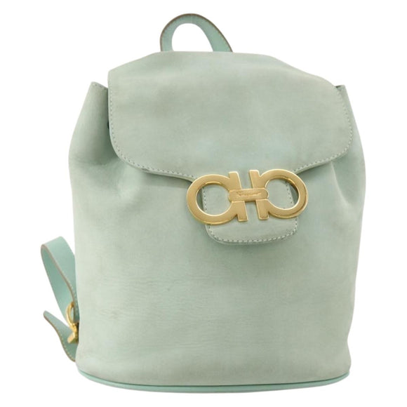 Salvatore Ferragamo Gancini Backpack Suede Green Gold Auth BAZ453