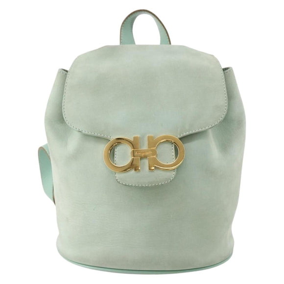 Salvatore Ferragamo Gancini Backpack Suede Green Gold Auth BAZ453