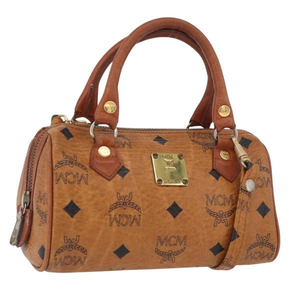MCM Vicetos Mini Logogram Boston Bag PVC Leather 2way Brown Gold Auth BAZ463