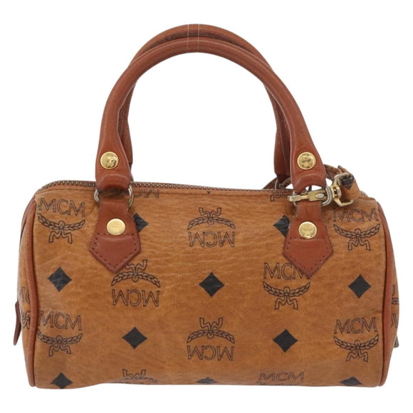 MCM Vicetos Mini Logogram Boston Bag PVC Leather 2way Brown Gold Auth BAZ463