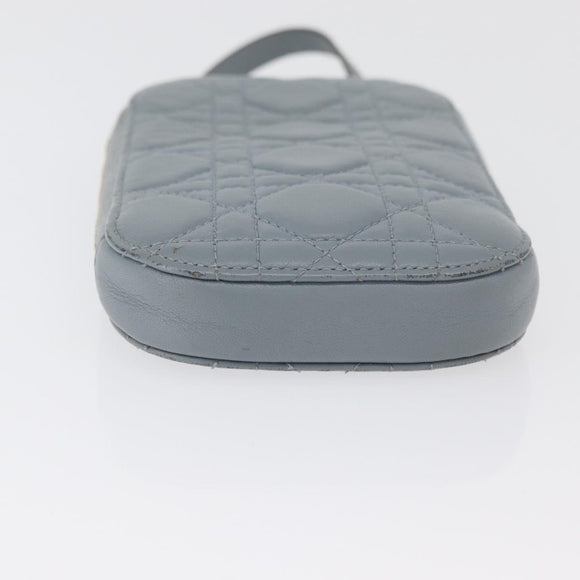 Christian Dior Cannage Phone Pouch Chain Shoulder Bag Lamb Skin Gray Auth BAZ467