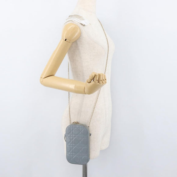 Christian Dior Cannage Phone Pouch Chain Shoulder Bag Lamb Skin Gray Auth BAZ467