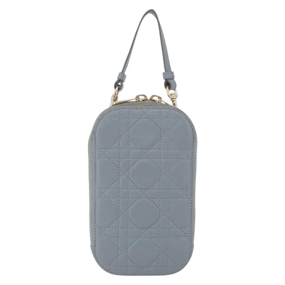 Christian Dior Cannage Phone Pouch Chain Shoulder Bag Lamb Skin Gray Auth BAZ467