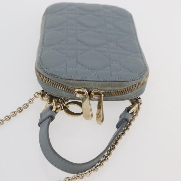 Christian Dior Cannage Phone Pouch Chain Shoulder Bag Lamb Skin Gray Auth BAZ467