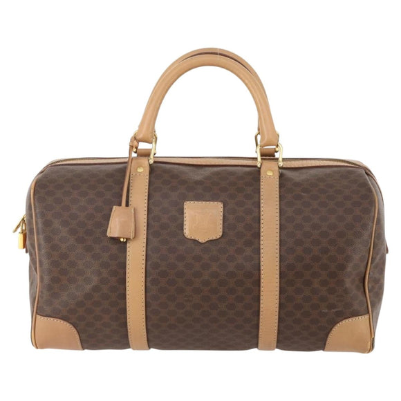 CELINE Macadam Canvas Boston Bag PVC Leather Brown Gold Auth BAZ495
