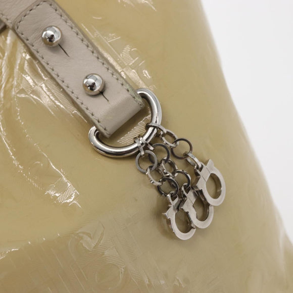 Salvatore Ferragamo Gancini Hand Bag Patent leather Beige Silver Auth BAZ498