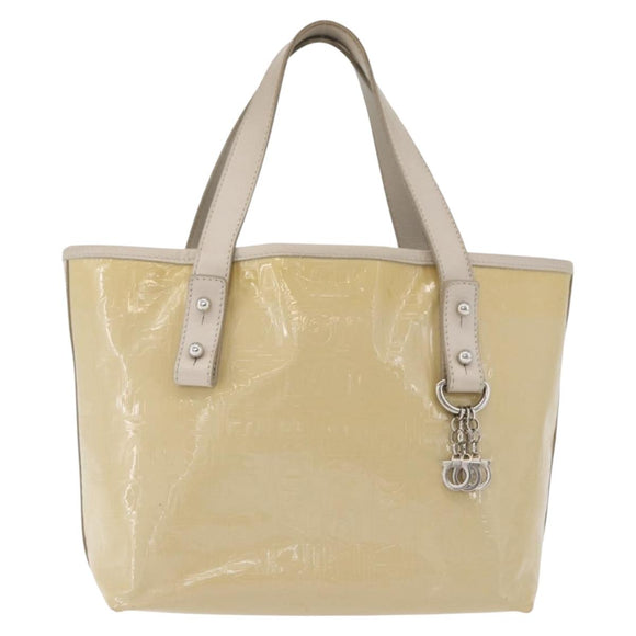 Salvatore Ferragamo Gancini Hand Bag Patent leather Beige Silver Auth BAZ498
