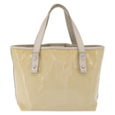 Salvatore Ferragamo Gancini Hand Bag Patent leather Beige Silver Auth BAZ498-2