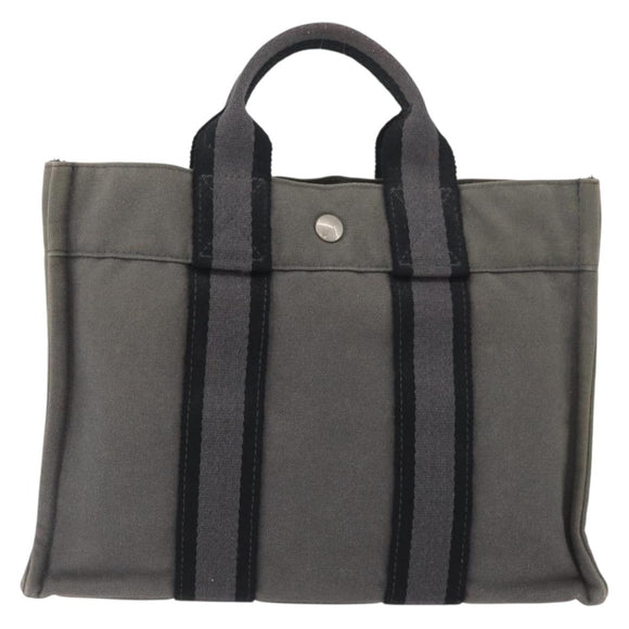 HERMES Fourre Tout PM Hand Bag Canvas Gray Silver Auth BAZ508
