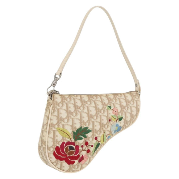 Christian Dior Trotter Canvas Embroidery Saddle Pouch PVC Beige Auth BAZ521V