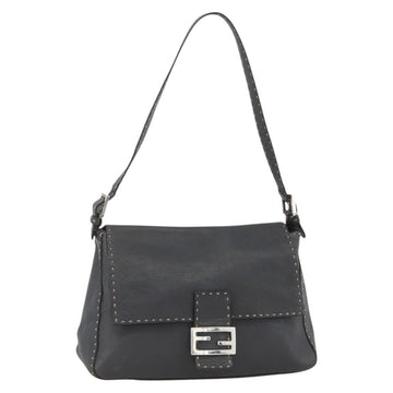 FENDI Selleria Mamma Baguette Bag Leather Silver Charcoal Gray Auth BAZ530A