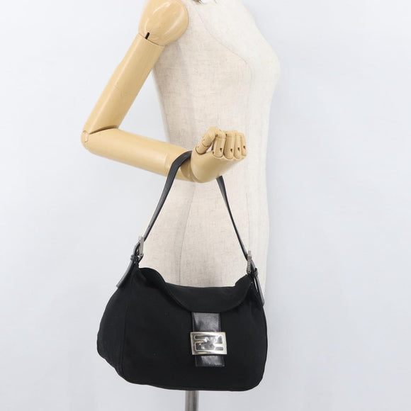 FENDI Mamma Baguette Shoulder Bag Nylon Black Silver Auth BAZ531