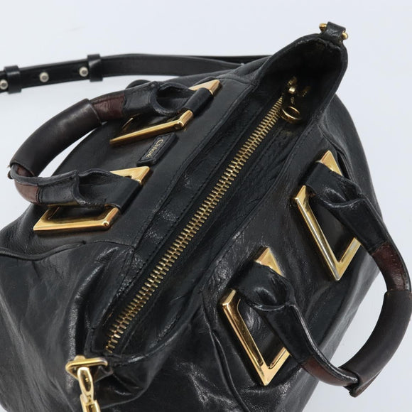 Chloe Etel Hand Bag Leather 2way Black Gold Auth BAZ546