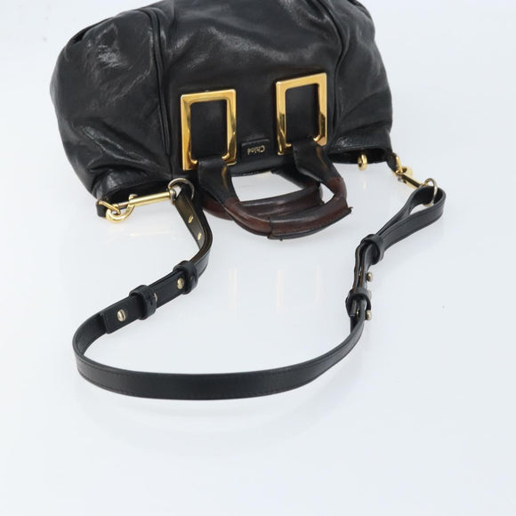 Chloe Etel Hand Bag Leather 2way Black Gold Auth BAZ546