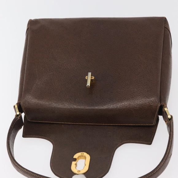 GUCCI Shoulder Bag Leather Brown Gold Auth BAZ570