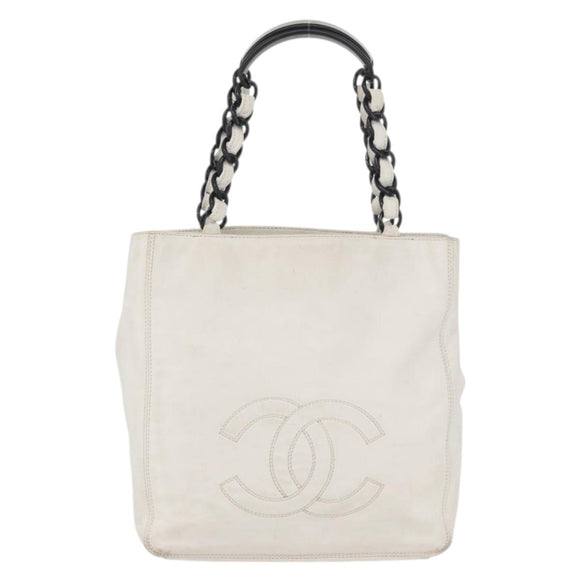 CHANEL Chain Hand Bag Leather White CC Auth BAZ593A