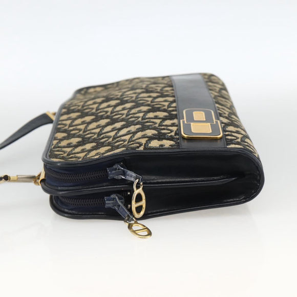 Christian Dior Trotter Canvas Shoulder Bag Navy Gold Auth BAZ595A